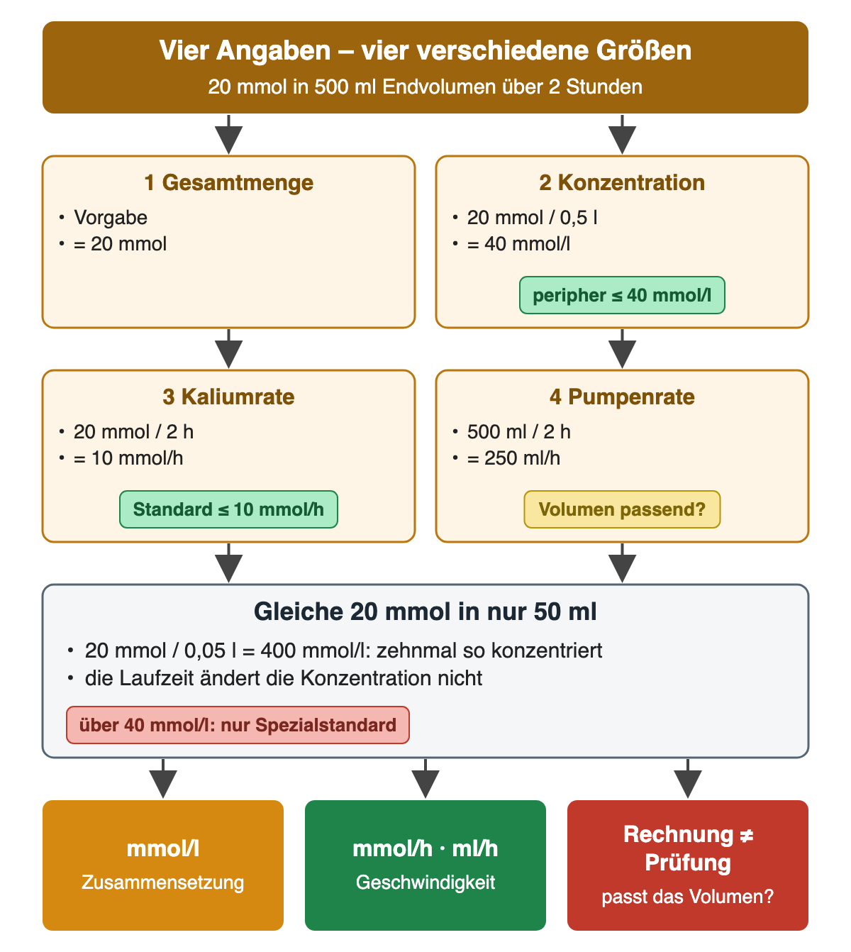 Aus 20 mmol, 500 ml Endvolumen und zwei Stunden werden Konzentration 40 mmol/l, Kaliumrate 10 mmol/h und Pumpenrate 250 ml/h getrennt berechnet; dieselben 20 mmol in 50 ml ergäben 400 mmol/l.