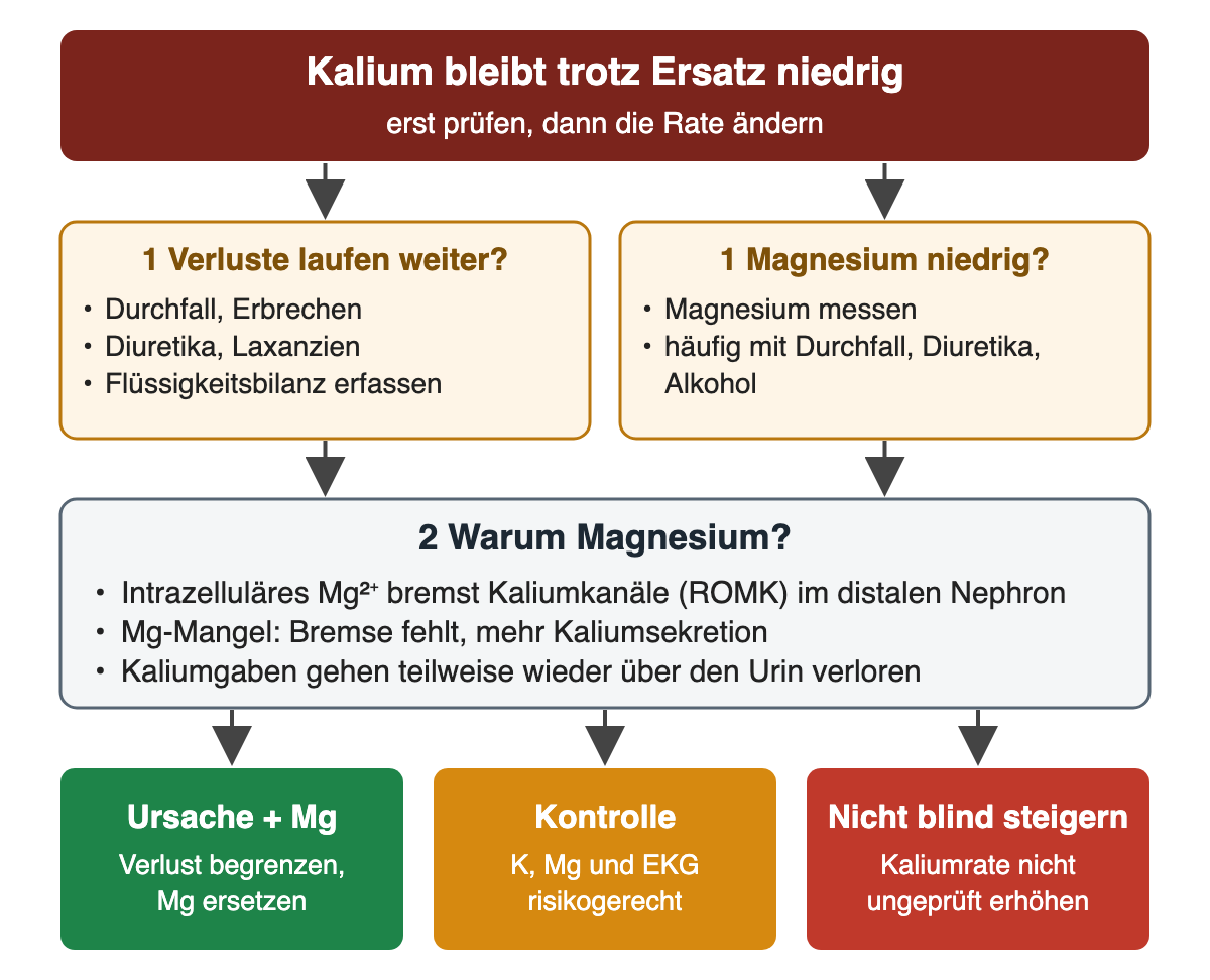 Bei trotz Ersatz niedrigem Kalium werden laufende Verluste und Magnesium geprüft. Magnesiummangel enthemmt renale Kaliumkanäle und steigert die Kaliumsekretion; deshalb werden Ursache und Magnesium mitbehandelt und Kalium, Magnesium und EKG risikogerecht kontrolliert.