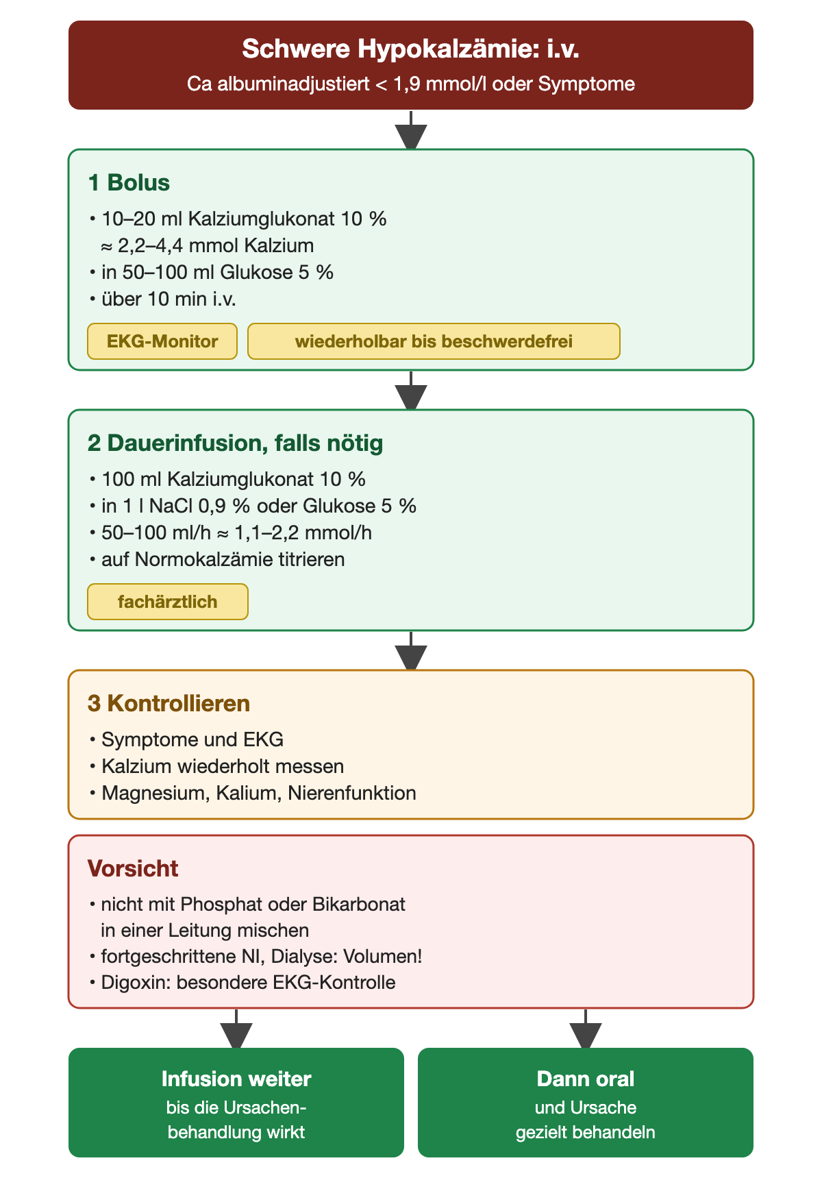 Unter der Überschrift schwere Hypokalzämie mit albuminadjustiertem Kalzium unter 1,9 mmol/l oder Symptomen folgen drei Schritte: Bolus von 10–20 ml Kalziumglukonat 10 Prozent, etwa 2,2–4,4 mmol, in 50–100 ml Glukose 5 Prozent über 10 Minuten mit EKG-Monitor, wiederholbar bis zur Beschwerdefreiheit; falls nötig Dauerinfusion von 100 ml Kalziumglukonat 10 Prozent in 1 Liter NaCl 0,9 Prozent oder Glukose 5 Prozent mit 50–100 ml pro Stunde, etwa 1,1–2,2 mmol pro Stunde, auf Normokalzämie titriert; Kontrolle von Symptomen, EKG, Kalzium, Magnesium, Kalium und Nierenfunktion. Ein roter Kasten nennt Vorsichtspunkte: keine Mischung mit Phosphat oder Bikarbonat, Volumen bei fortgeschrittener Niereninsuffizienz oder Dialyse, besondere EKG-Kontrolle bei Digoxin. Die Ergebniszeile: Infusion weiter, bis die Ursachenbehandlung wirkt, dann orale Therapie und gezielte Ursachenbehandlung.