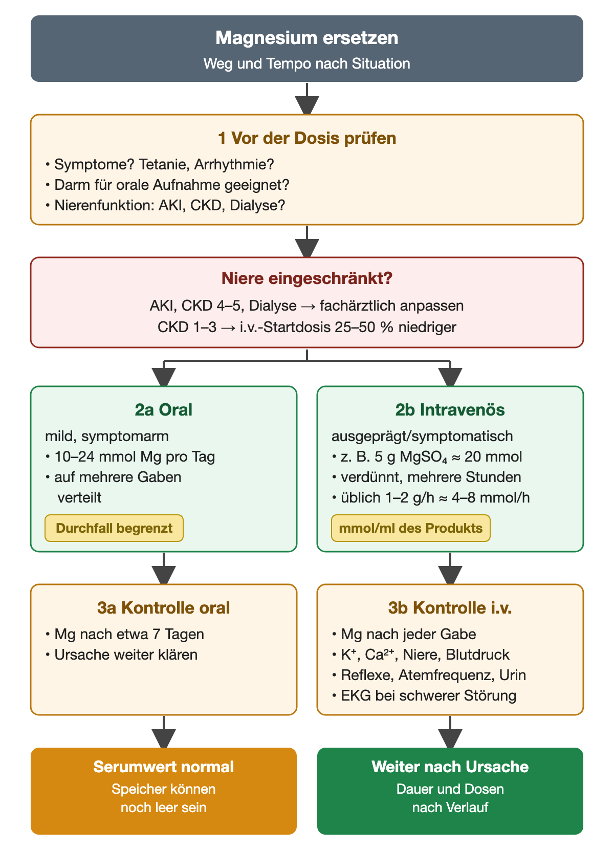 Vor der Dosis werden Symptome wie Tetanie oder Arrhythmie, die Eignung des Darms und die Nierenfunktion geprüft. Bei AKI, CKD Stadium 4–5 oder Dialyse wird fachärztlich angepasst, bei CKD 1–3 die intravenöse Startdosis um 25–50 % gesenkt. Oral bei mildem, symptomarmem Mangel: 10–24 mmol Magnesium pro Tag, auf mehrere Gaben verteilt; Durchfall begrenzt die Verträglichkeit. Intravenös bei ausgeprägtem oder symptomatischem Mangel: zum Beispiel 5 g Magnesiumsulfat, etwa 20 mmol, verdünnt über mehrere Stunden; üblich sind 1–2 g pro Stunde, etwa 4–8 mmol pro Stunde; die mmol-pro-ml-Angabe des Produkts wird geprüft. Kontrolle oral nach etwa 7 Tagen. Kontrolle intravenös nach jeder Gabe: Magnesium, Kalium, Kalzium, Niere, Blutdruck, Reflexe, Atemfrequenz, Urin und bei schwerer Störung EKG. Ein normaler Serumwert bedeutet nicht, dass die Speicher gefüllt sind; Dauer und Dosen richten sich nach Verlauf und Ursache.