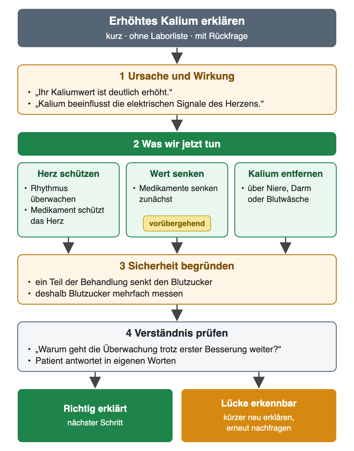 Erhöhtes Kalium erklären: kurz, ohne Laborliste, mit Rückfrage. Schritt 1, Ursache und Wirkung: „Ihr Kaliumwert ist deutlich erhöht.“ und „Kalium beeinflusst die elektrischen Signale des Herzens.“ Schritt 2, was wir jetzt tun, drei Felder nebeneinander: Herz schützen mit Rhythmusüberwachung und einem Medikament, das das Herz schützt; Wert senken mit Medikamenten, die zunächst senken, Markierung vorübergehend; Kalium entfernen über Niere, Darm oder Blutwäsche. Schritt 3, Sicherheit begründen: Ein Teil der Behandlung senkt den Blutzucker, deshalb wird er mehrfach gemessen. Schritt 4, Verständnis prüfen: „Warum geht die Überwachung trotz erster Besserung weiter?“, der Patient antwortet in eigenen Worten. Ergebnis: richtig erklärt, nächster Schritt; Lücke erkennbar, kürzer neu erklären und erneut nachfragen.