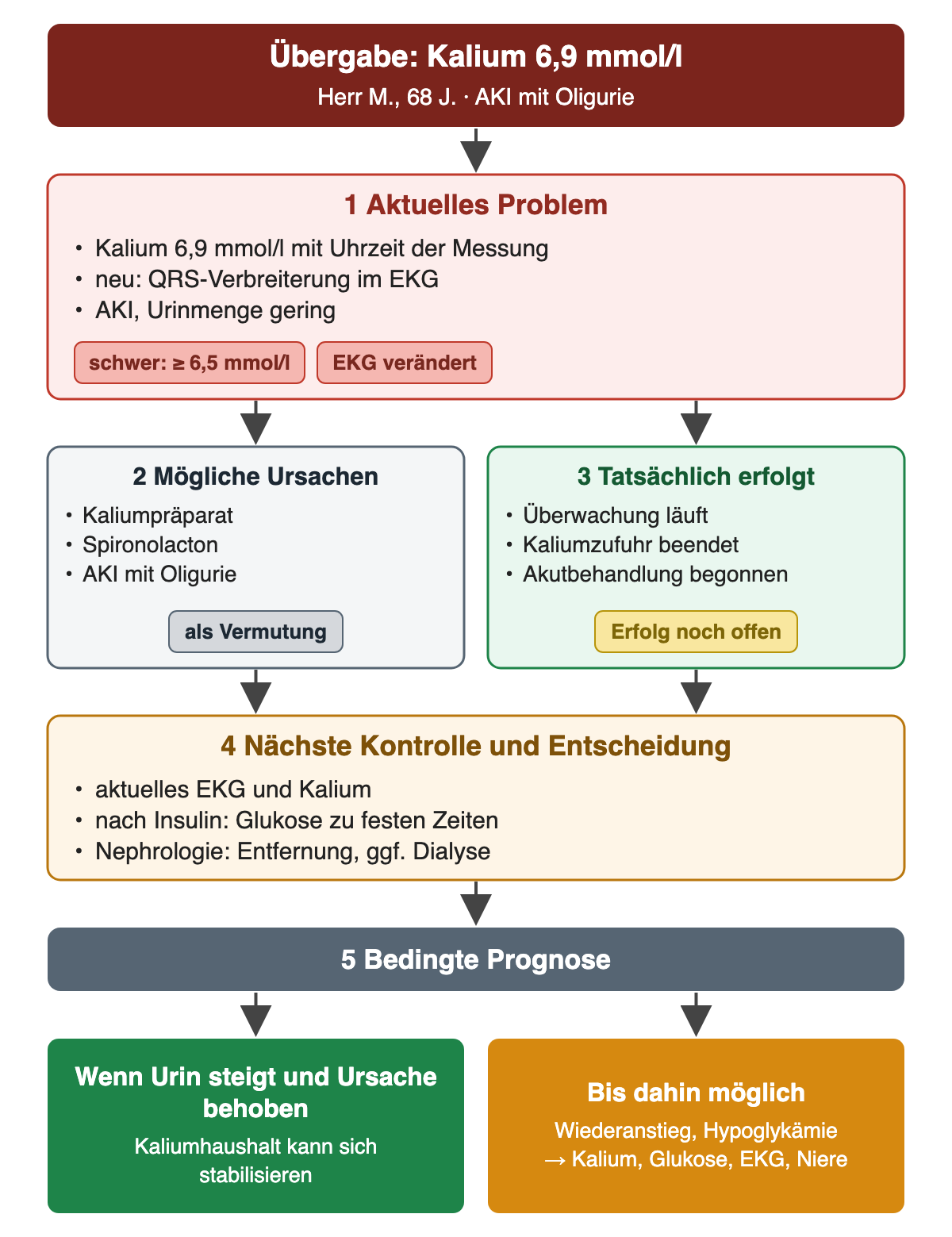 Übergabe für Herrn M., 68 Jahre, mit AKI und Oligurie. Schritt 1, aktuelles Problem: Kalium 6,9 mmol/l mit Uhrzeit der Messung, neue QRS-Verbreiterung, geringe Urinmenge; Markierungen schwer ab 6,5 mmol/l und EKG verändert. Nebeneinander Schritt 2, mögliche Ursachen als Vermutung: Kaliumpräparat, Spironolacton, AKI mit Oligurie, und Schritt 3, tatsächlich erfolgt: Überwachung, Kaliumzufuhr beendet, Akutbehandlung begonnen, Erfolg noch offen. Schritt 4, nächste Kontrolle und Entscheidung: aktuelles EKG und Kalium, Glukose zu festen Zeiten nach Insulin, nephrologische Entscheidung über Entfernung und gegebenenfalls Dialyse. Schritt 5, bedingte Prognose: Wenn die Urinmenge steigt und die Ursache behoben ist, kann sich der Kaliumhaushalt stabilisieren; bis dahin sind Wiederanstieg und Hypoglykämie möglich und werden über Kalium, Glukose, EKG und Niere verfolgt.