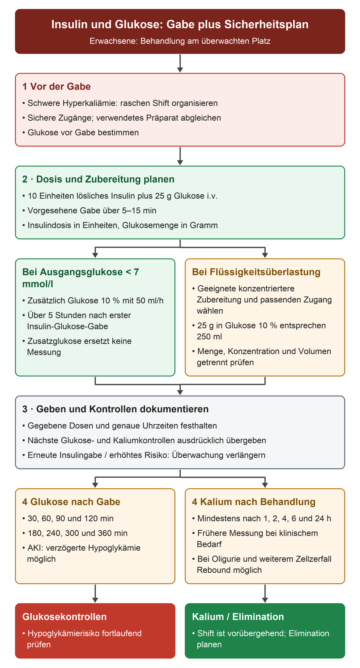 Von Glukosemessung und sicherem Zugang führt der Ablauf zur Planung von Insulin- und Glukosedosis. Zusatzglukose bei niedrigem Ausgangswert und geeignete Zubereitung bei Überlastung werden berücksichtigt; nach der Gabe folgen dokumentierte Glukose- und Kaliumkontrollen.