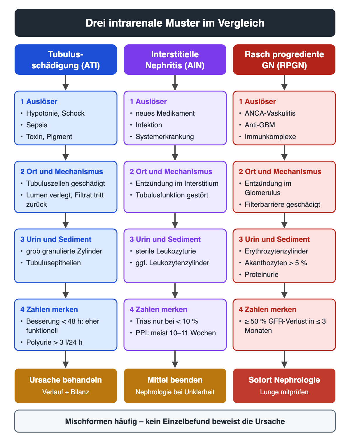 Vergleich in drei Spalten für Tubulusschädigung, interstitielle Nephritis und rasch progrediente Glomerulonephritis, jeweils in vier Schritten: Auslöser, Ort und Mechanismus, Urin und Sediment, Zahlen. ATI: Hypotonie, Sepsis, Toxin; granulierte Zylinder; Besserung unter 48 Stunden spricht eher für eine funktionelle Störung, Polyurie über 3 l pro 24 Stunden. AIN: neues Medikament; sterile Leukozyturie; Trias nur bei unter 10 Prozent, Protonenpumpenhemmer meist nach 10 bis 11 Wochen. RPGN: ANCA, Anti-GBM, Immunkomplexe; Erythrozytenzylinder, Akanthozyten über 5 Prozent; mindestens 50 Prozent GFR-Verlust in höchstens 3 Monaten. Unten die Konsequenz je Spalte und der Hinweis, dass Mischformen häufig sind.