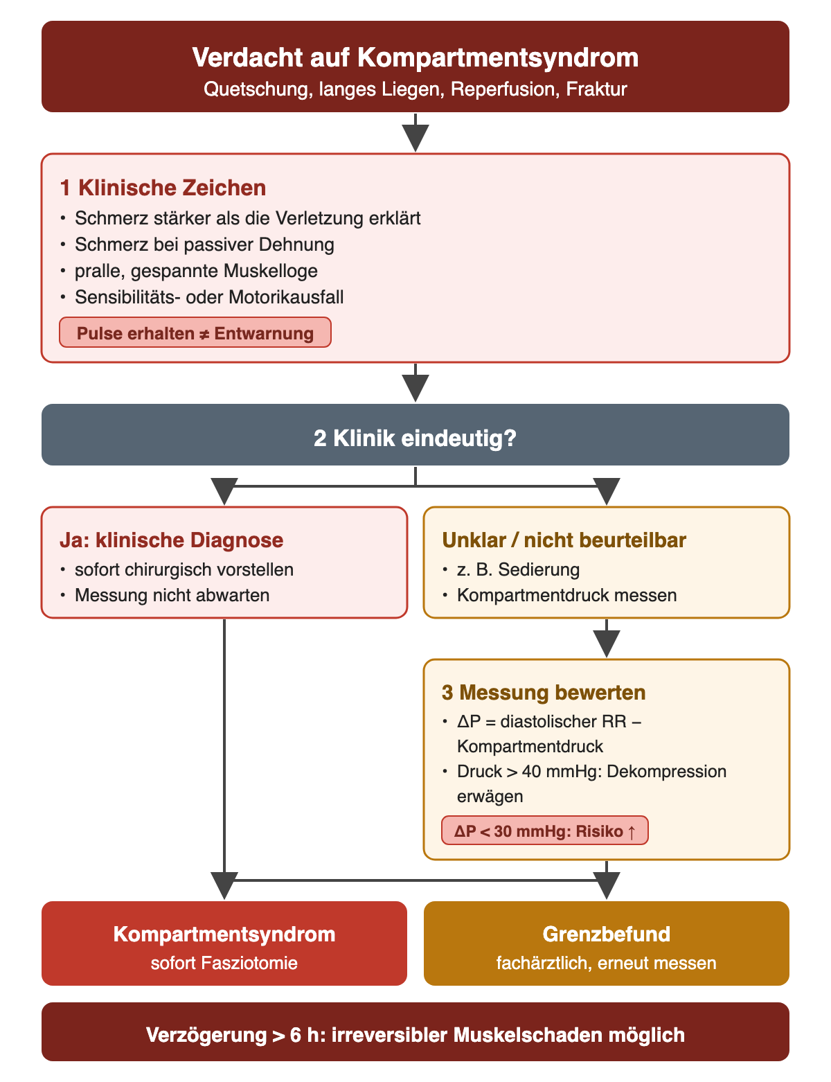Ablauf bei Verdacht auf Kompartmentsyndrom nach Quetschung, langem Liegen, Reperfusion oder Fraktur. Schritt 1 nennt die klinischen Zeichen: Schmerz stärker als erklärbar, Schmerz bei passiver Dehnung, pralle Muskelloge, Sensibilitäts- oder Motorikausfall; erhaltene Pulse sind keine Entwarnung. Schritt 2 fragt, ob die Klinik eindeutig ist: Ja führt ohne Messung zur sofortigen chirurgischen Vorstellung, Unklar führt zur Kompartmentdruckmessung. Schritt 3 bewertet die Differenz aus diastolischem Blutdruck und Kompartmentdruck unter 30 mmHg und einen Druck über 40 mmHg. Ergebnisse: Kompartmentsyndrom mit sofortiger Fasziotomie oder Grenzbefund mit fachärztlicher Neubewertung. Ein Balken warnt, dass eine Verzögerung über 6 Stunden irreversiblen Muskelschaden verursachen kann.