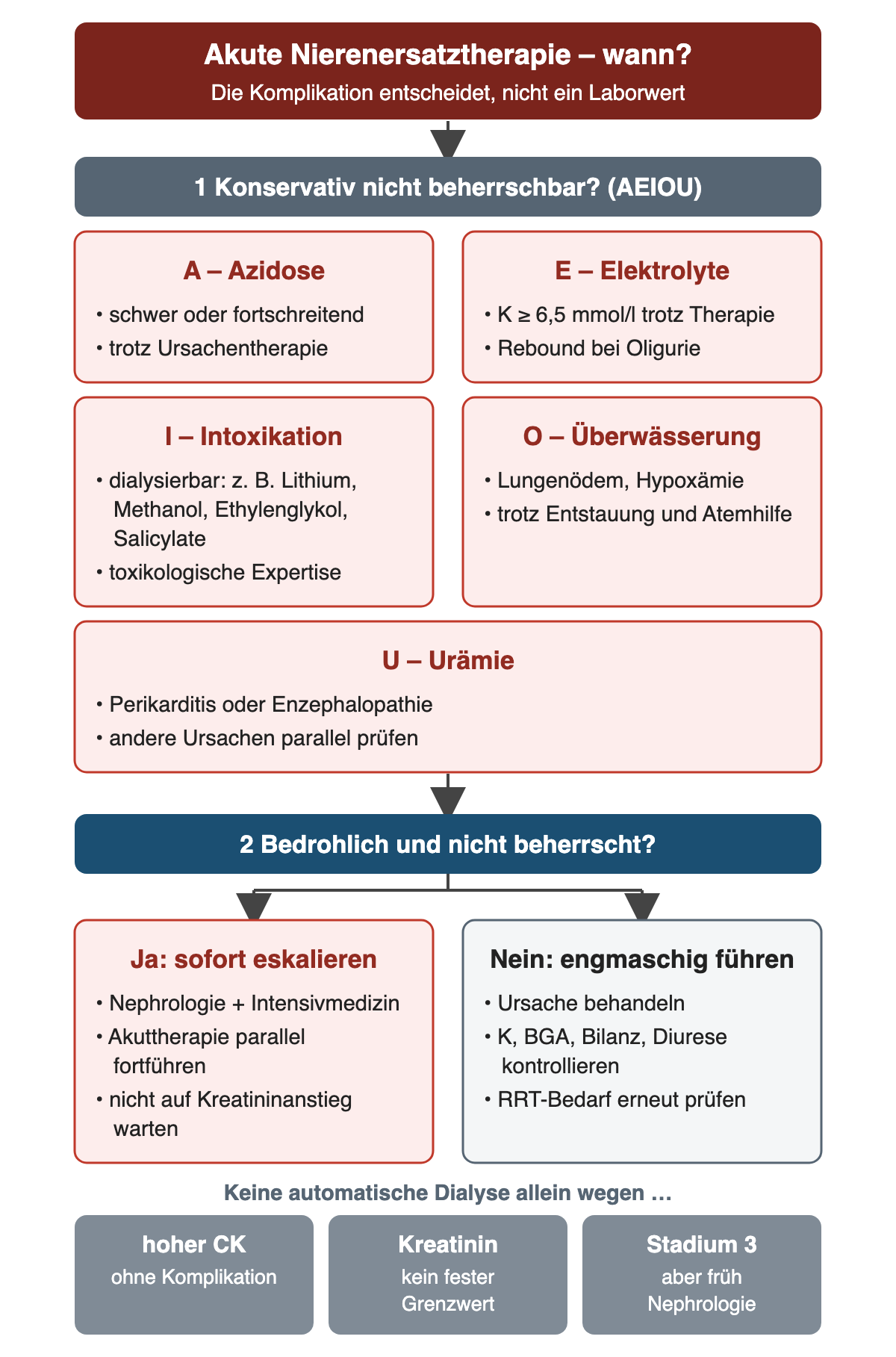 Akute Indikationen nach AEIOU, jeweils wenn konservativ nicht beherrschbar: schwere oder fortschreitende Azidose, Kalium ab 6,5 mmol/l trotz Therapie oder Rebound bei Oligurie, dialysierbare Intoxikation wie Lithium, Methanol, Ethylenglykol oder Salicylate, Lungenödem mit Hypoxämie trotz Entstauung, urämische Perikarditis oder Enzephalopathie. Bei bedrohlicher, nicht beherrschter Lage folgt sofortige Eskalation zu Nephrologie und Intensivmedizin ohne Warten auf Kreatinin; sonst Ursachenbehandlung mit engmaschigen Kontrollen. Hohe CK, ein Kreatininwert oder Stadium 3 allein begründen keine automatische Dialyse.