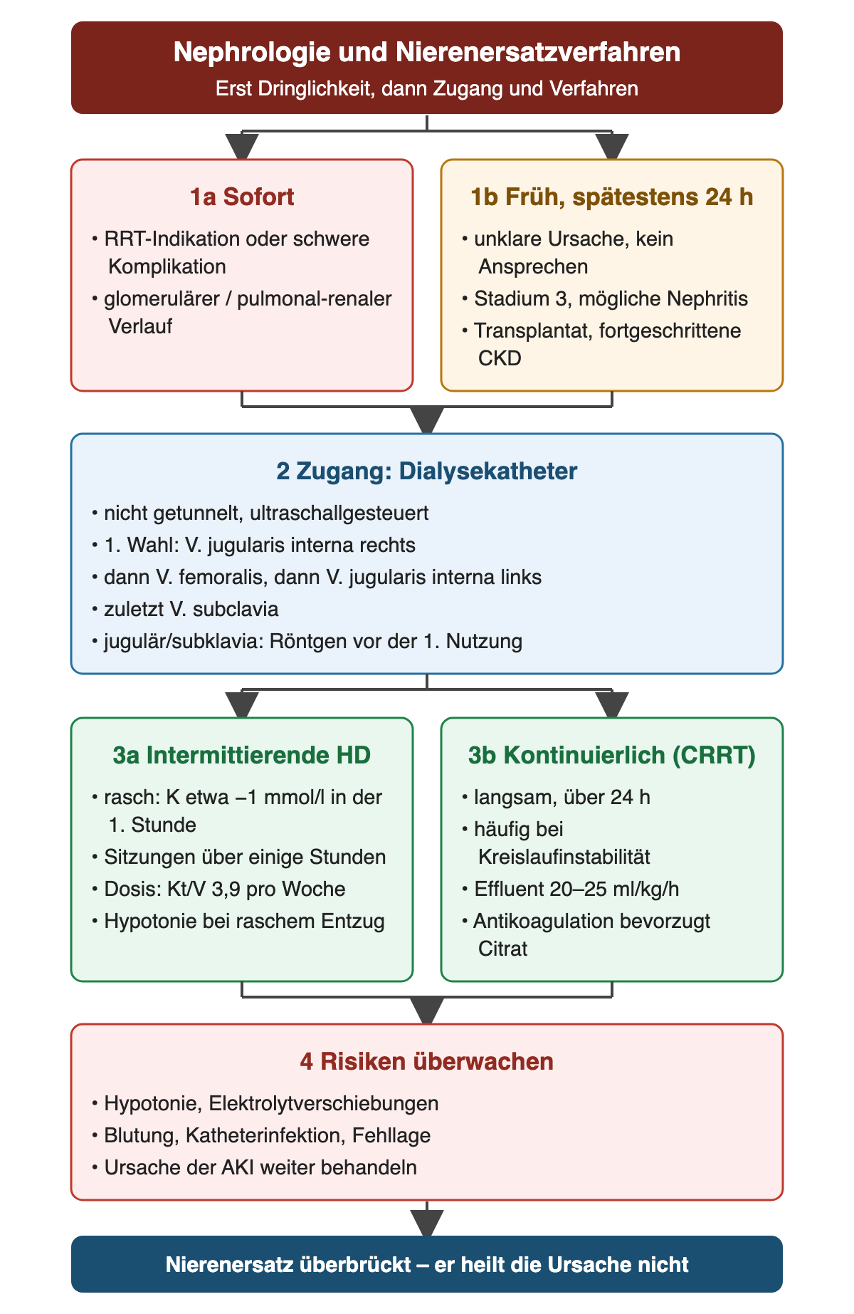 Zuerst Konsildringlichkeit: sofort bei RRT-Indikation, schwerer Komplikation oder glomerulärem beziehungsweise pulmonal-renalem Verlauf; früh, spätestens binnen 24 Stunden, bei unklarer Ursache, fehlendem Ansprechen, Stadium 3, möglicher Nephritis, Transplantat oder fortgeschrittener CKD. Dann Zugang über einen nicht getunnelten, ultraschallgesteuert gelegten Dialysekatheter, zuerst rechte V. jugularis interna, dann V. femoralis, linke V. jugularis interna und zuletzt V. subclavia, mit Röntgen vor der ersten Nutzung. Intermittierende Hämodialyse entfernt rasch, etwa 1 mmol/l Kalium in der ersten Stunde, Dosis Kt/V 3,9 pro Woche; kontinuierliche Verfahren laufen über 24 Stunden, häufig bei Kreislaufinstabilität, mit 20 bis 25 ml/kg/h Effluent und bevorzugt Citrat. Anschließend Risiken überwachen.