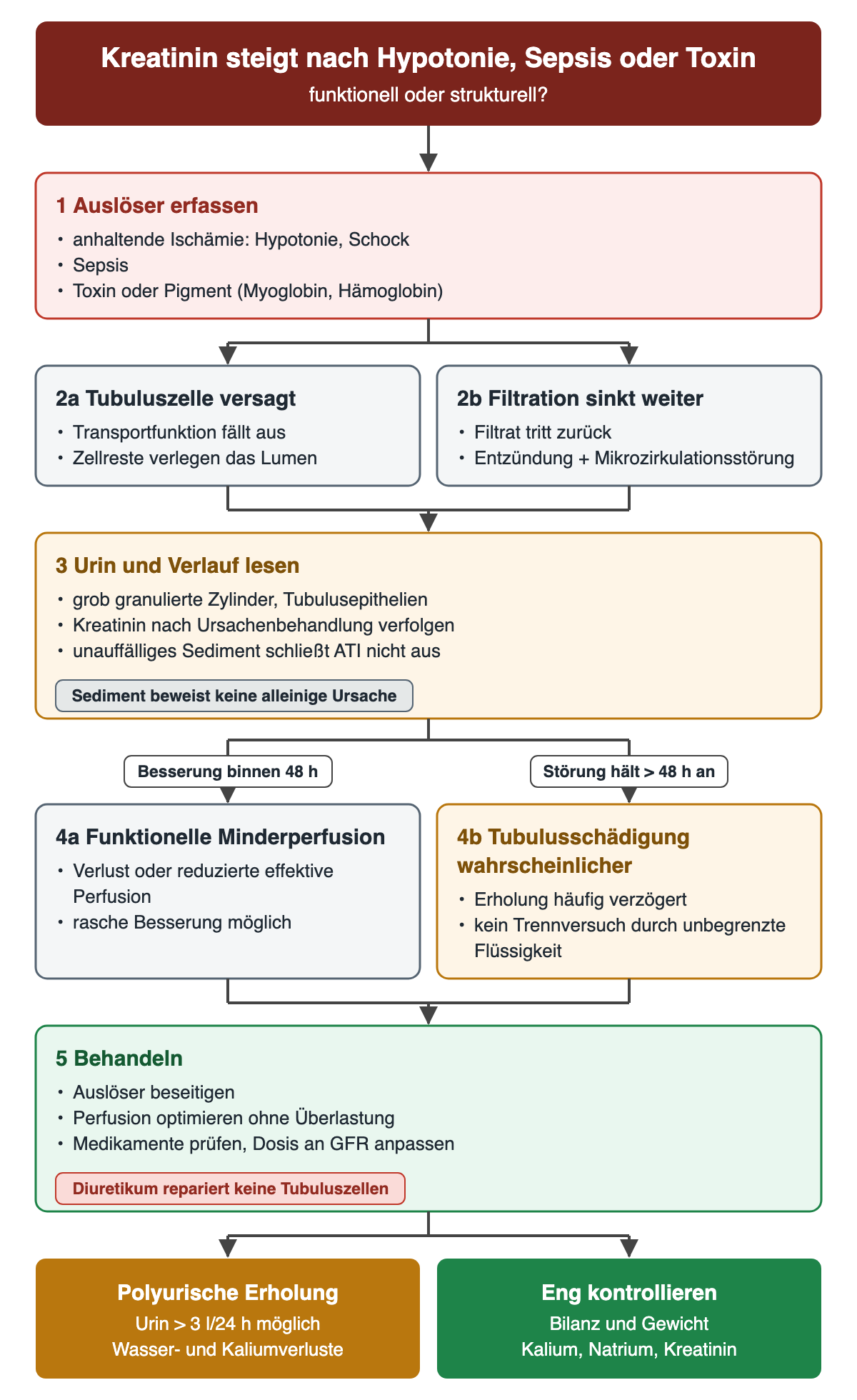 Flussdiagramm in fünf Schritten: Auslöser Ischämie, Sepsis, Toxin oder Pigment; Mechanismen in der Tubuluszelle und bei der Filtration; Urin und Verlauf. Danach zwei Äste: Besserung binnen 48 Stunden spricht für funktionelle Minderperfusion, eine länger als 48 Stunden anhaltende Störung für Tubulusschädigung. Es folgen Behandlung ohne Überlastung mit dem Hinweis, dass ein Diuretikum keine Tubuluszellen repariert, sowie polyurische Erholung mit über 3 l Urin pro 24 Stunden und engen Kontrollen.