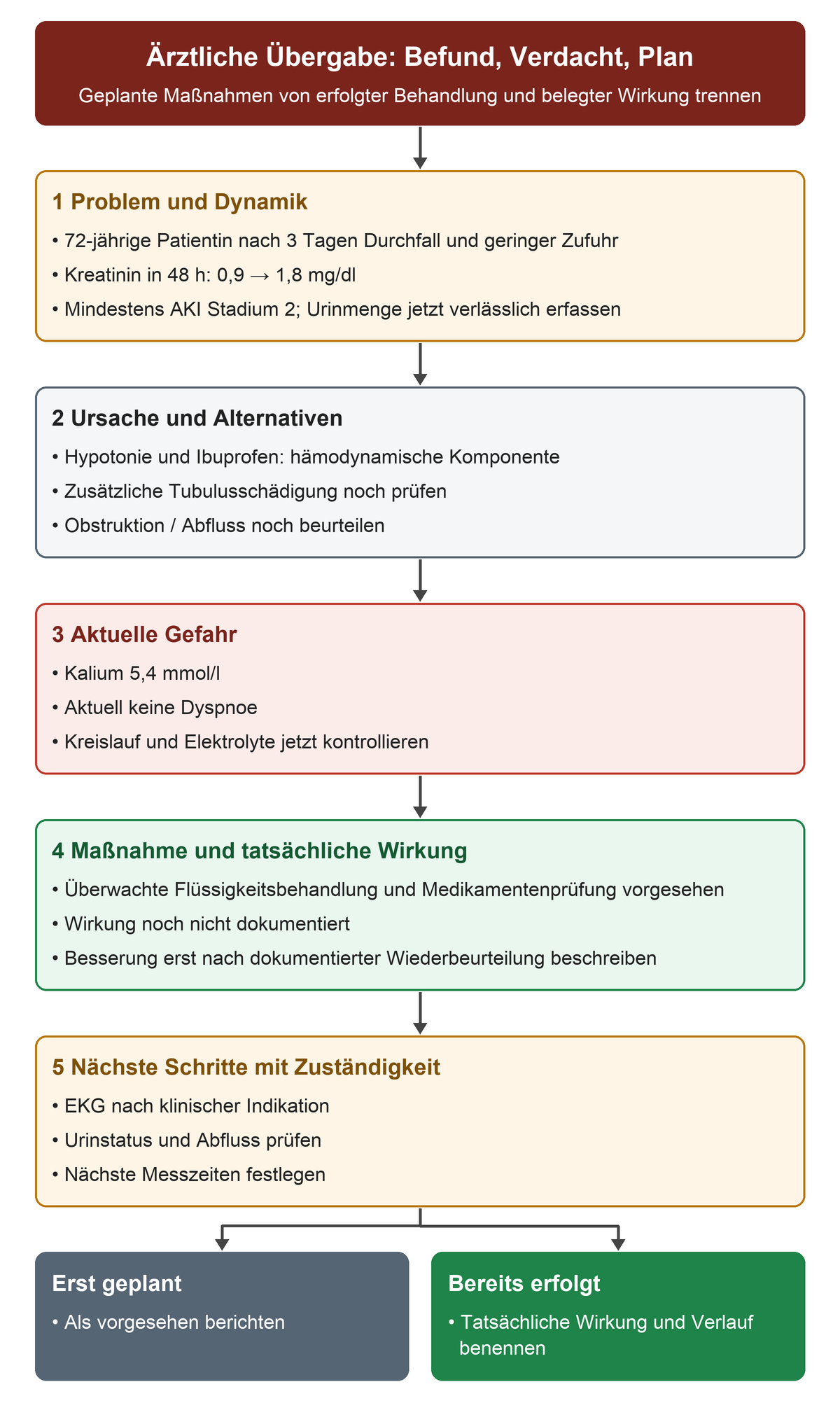 Der konkrete Fall wird in fünf Schritten von Kreatininverlauf über Ursache, Alternativen und Gefahr zu Maßnahmen und nächsten Kontrollen vorgestellt. Die Schlusskästen trennen geplante Maßnahmen von tatsächlich erfolgter Behandlung.