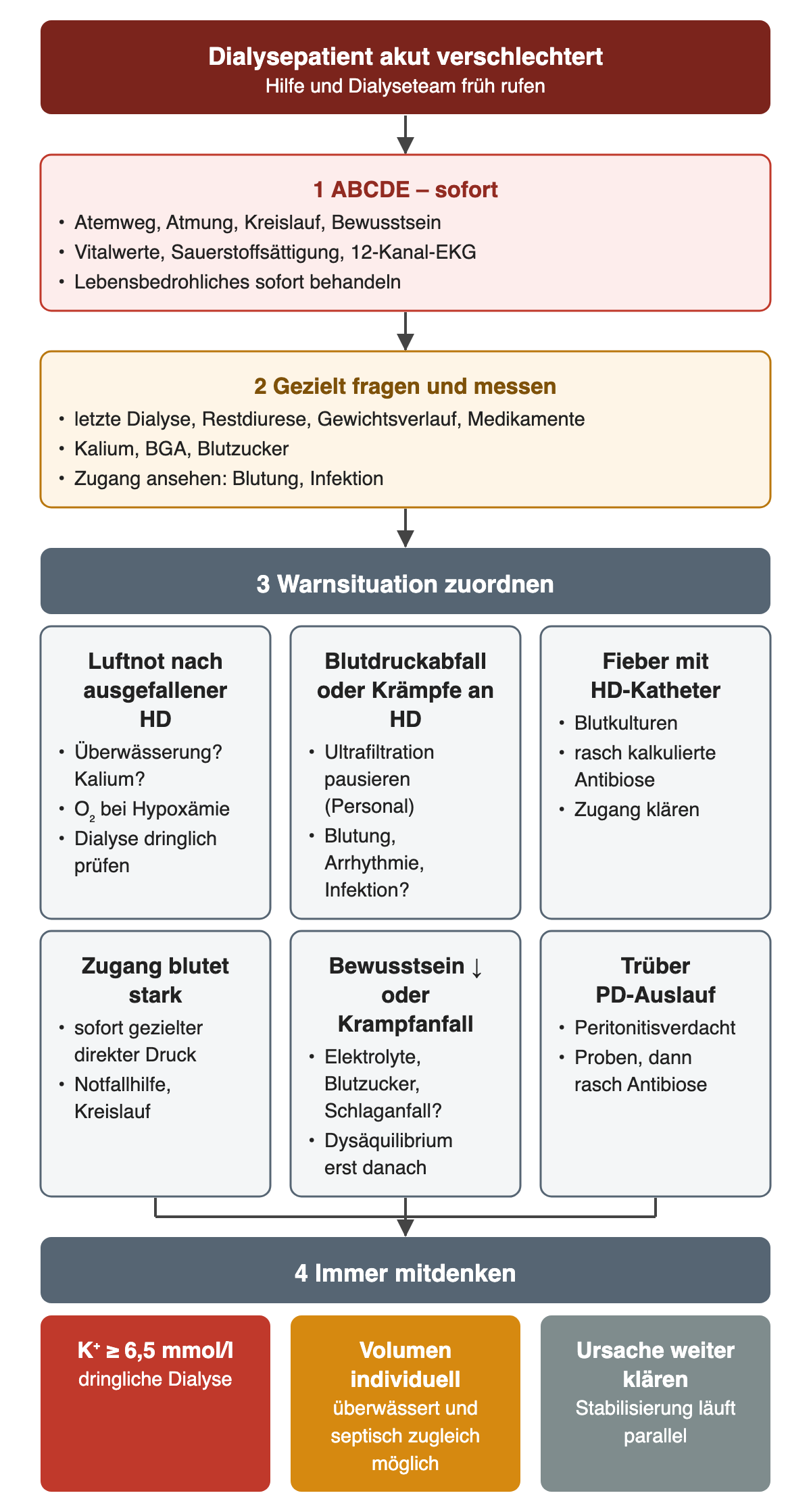 Akute Verschlechterung eines Dialysepatienten: ABCDE mit Vitalwerten und 12-Kanal-EKG, gezielte Fragen und Kalium/BGA/Blutzucker, dann sechs Warnsituationen mit ersten Schritten; unten Kalium ab 6,5 mmol/l, individuelle Volumentherapie und parallele Ursachenklärung.