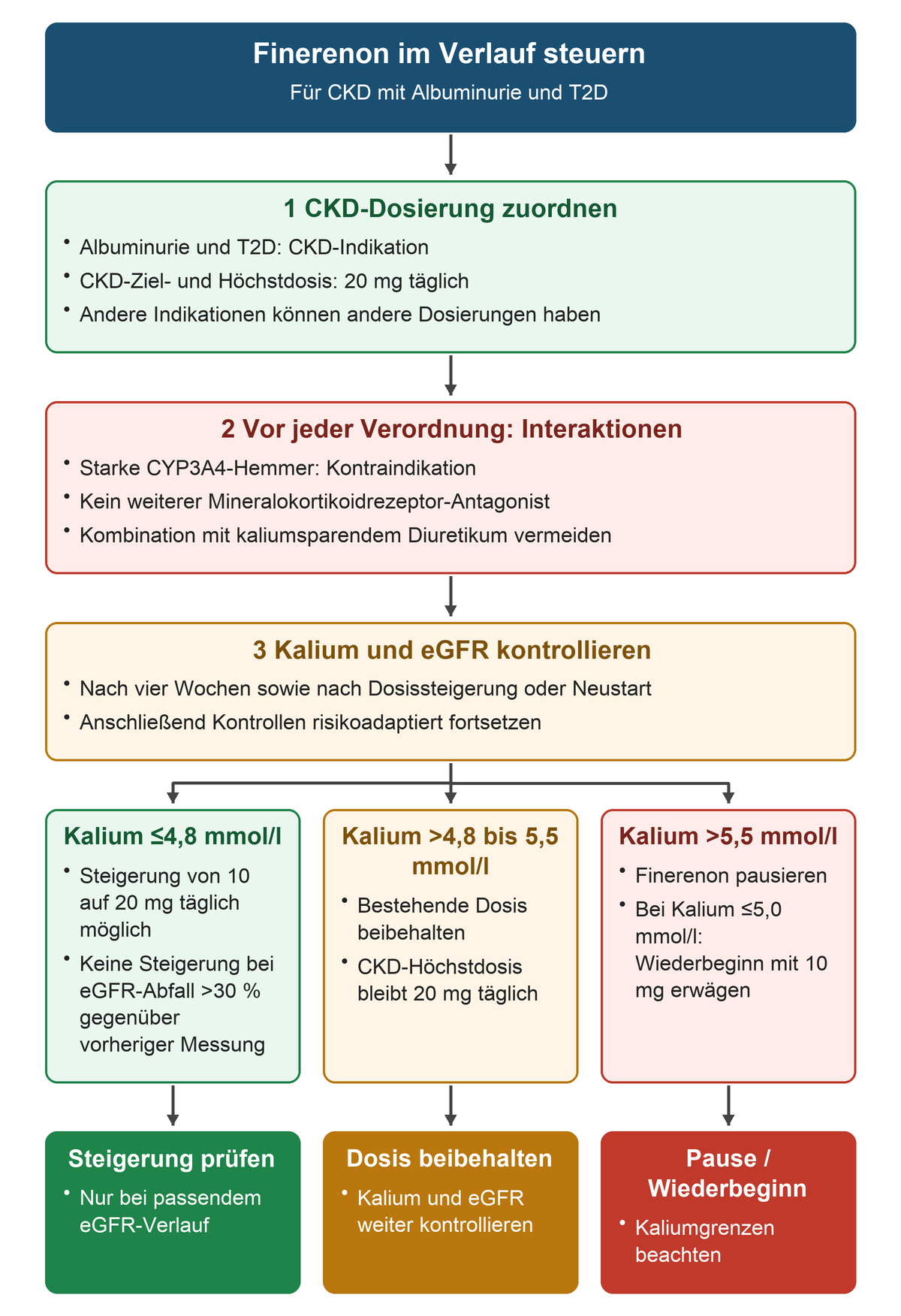 Nach Prüfung der CKD-Indikation und Interaktionen werden Kalium und eGFR kontrolliert; drei Kaliumbereiche führen zu möglicher Steigerung, unveränderter Dosis oder Pause mit bedingtem Wiederbeginn.