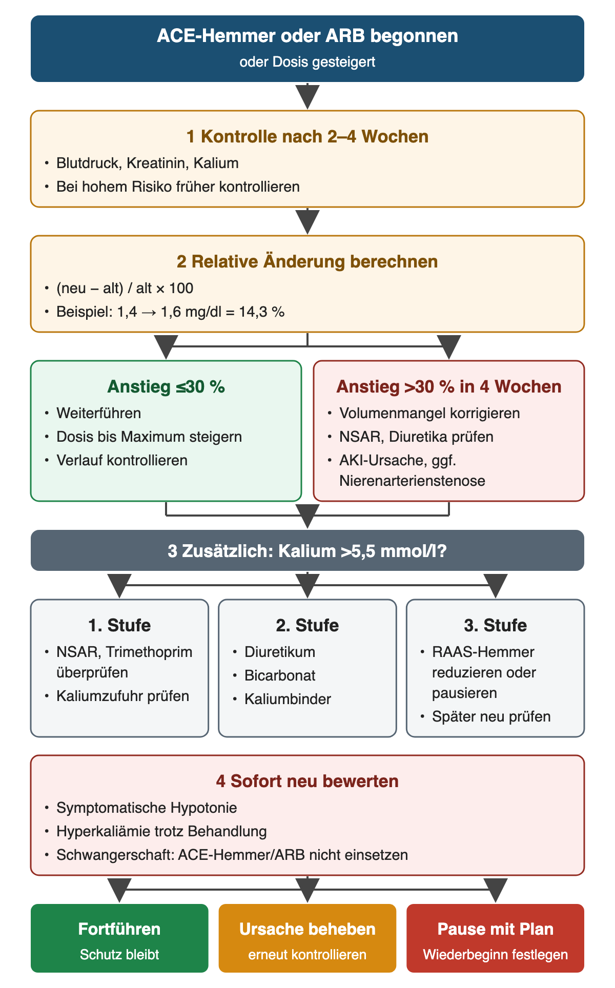 Nach Beginn von ACE-Hemmer oder ARB folgen Kontrolle nach 2–4 Wochen und Berechnung der relativen Kreatininänderung; Anstieg bis 30 % führt zum Fortführen, über 30 % zur Ursachensuche; Kalium über 5,5 mmol/l wird in drei Stufen behandelt.