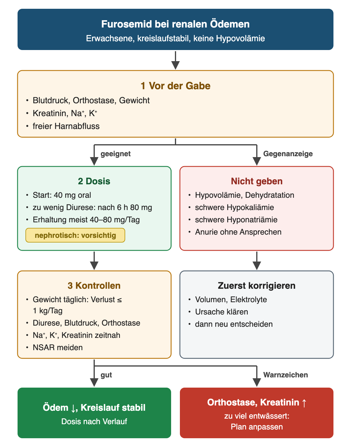 Vor der Gabe Blutdruck, Orthostase, Gewicht, Kreatinin, Natrium, Kalium und freien Harnabfluss prüfen. Geeignet: Start mit 40 mg oral, bei zu wenig Diurese nach 6 Stunden 80 mg, Erhaltung meist 40–80 mg pro Tag, beim nephrotischen Syndrom vorsichtig; danach täglich Gewicht mit höchstens 1 kg Verlust pro Tag, Diurese, Blutdruck, Orthostase, Natrium, Kalium und Kreatinin kontrollieren und NSAR meiden. Gegenanzeige: Hypovolämie oder Dehydratation, schwere Hypokaliämie, schwere Hyponatriämie, Anurie ohne Ansprechen; dann zuerst Volumen und Elektrolyte korrigieren. Im Verlauf: Ödem kleiner bei stabilem Kreislauf, Dosis nach Verlauf; Orthostase und Kreatininanstieg bedeuten zu viel Entwässerung, der Plan wird angepasst.