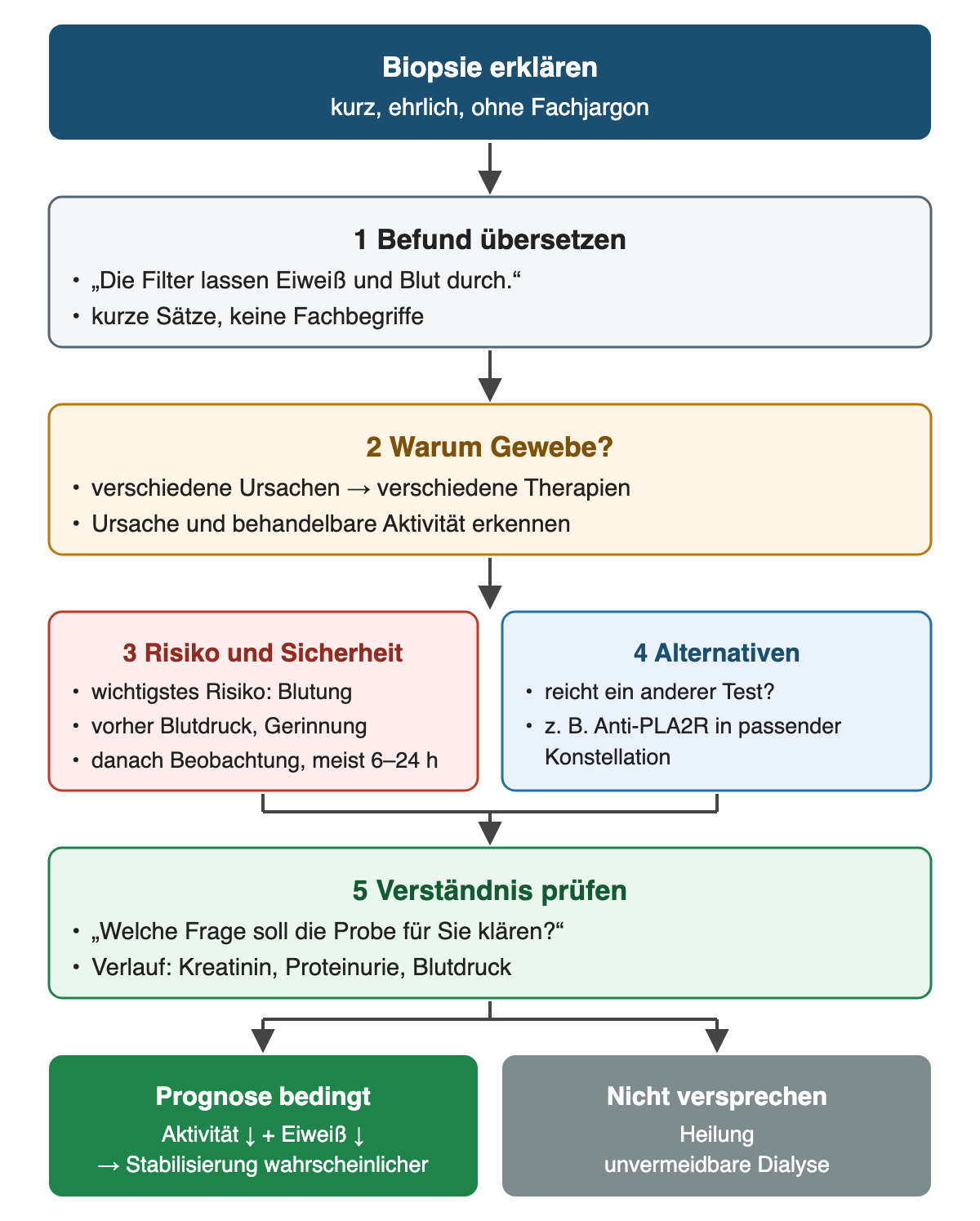 Gesprächsablauf in fünf Schritten: 1 Befund übersetzen, etwa die Filter lassen Eiweiß und Blut durch, in kurzen Sätzen; 2 begründen, warum Gewebe hilft: verschiedene Ursachen brauchen verschiedene Therapien; 3 Risiko Blutung und Sicherheit mit Blutdruck, Gerinnung und Beobachtung meist 6–24 Stunden; 4 Alternativen wie Anti-PLA2R in passender Konstellation; 5 Verständnis mit einer offenen Frage prüfen und Verlaufswerte nennen. Prognose bedingt formulieren: sinken Aktivität und Eiweißverlust, ist eine Stabilisierung wahrscheinlicher; weder Heilung noch unvermeidbare Dialyse versprechen.