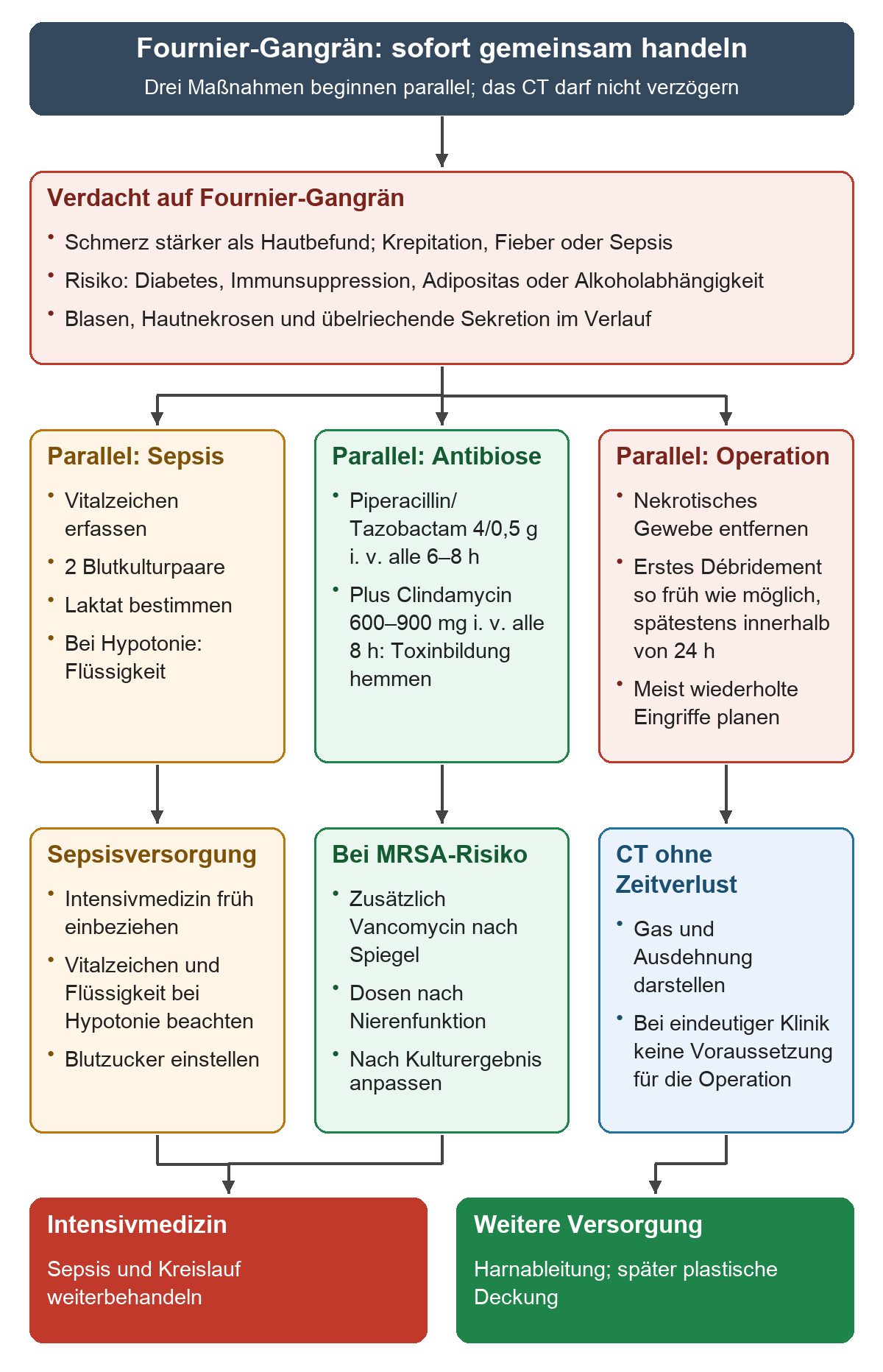 Klinische Warnzeichen führen gleichzeitig zu Sepsisversorgung, sofortiger Antibiose und Débridement. Darunter stehen die weitere Sepsisversorgung, Vancomycin bei MRSA-Risiko und ein CT nur ohne Verzögerung. Abschließend folgen Intensivmedizin und weitere operative Versorgung.