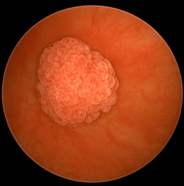 Zystoskopisches Bild: blumenkohlartiger, zottiger Tumor auf roter Blasenschleimhaut