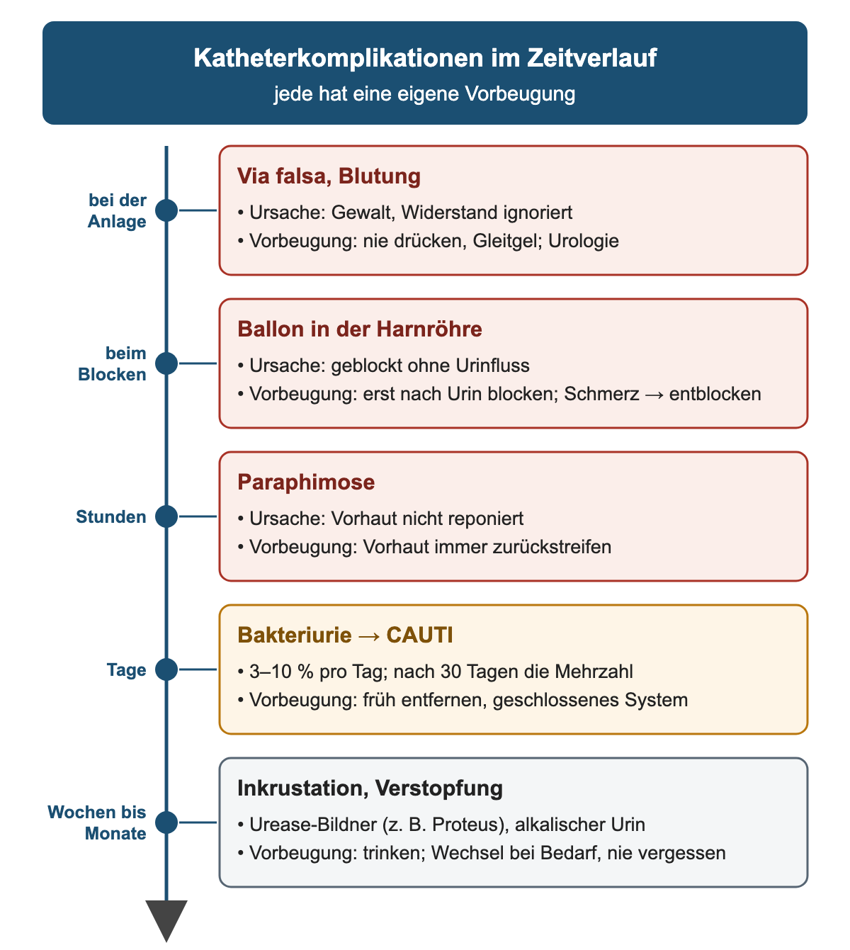 Zeitachse der Katheterkomplikationen von der Anlage über das Blocken, Stunden, Tage bis Wochen und Monate mit Via falsa, Ballon in der Harnröhre, Paraphimose, Bakteriurie und CAUTI sowie Inkrustation, jeweils mit Ursache und Vorbeugung