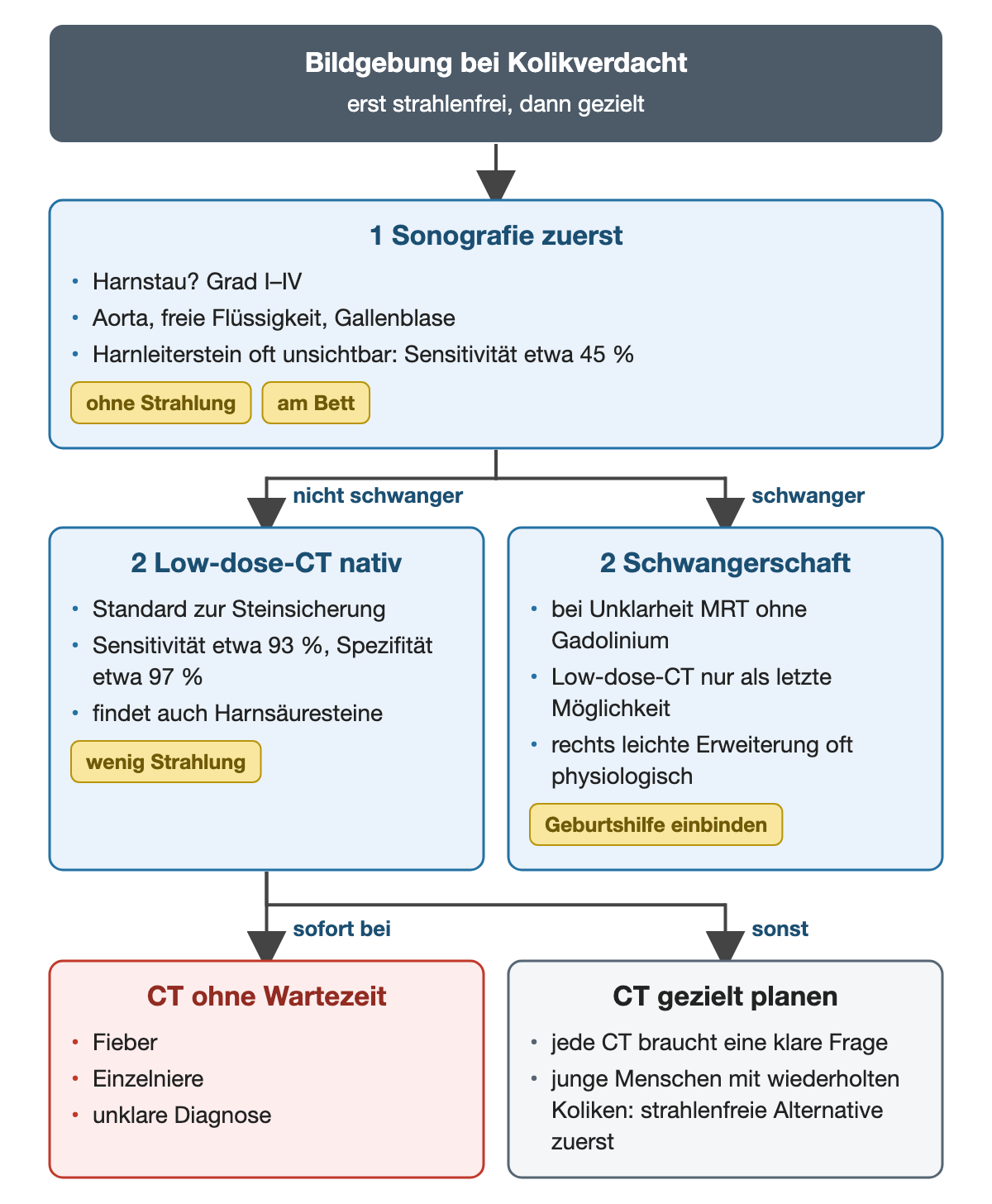 Flussschema Bildgebung: zuerst Sonografie, dann ohne Schwangerschaft Low-dose-CT nativ, in der Schwangerschaft MRT ohne Gadolinium; unten sofortiges CT bei Fieber, Einzelniere oder unklarer Diagnose, sonst gezielt geplantes CT