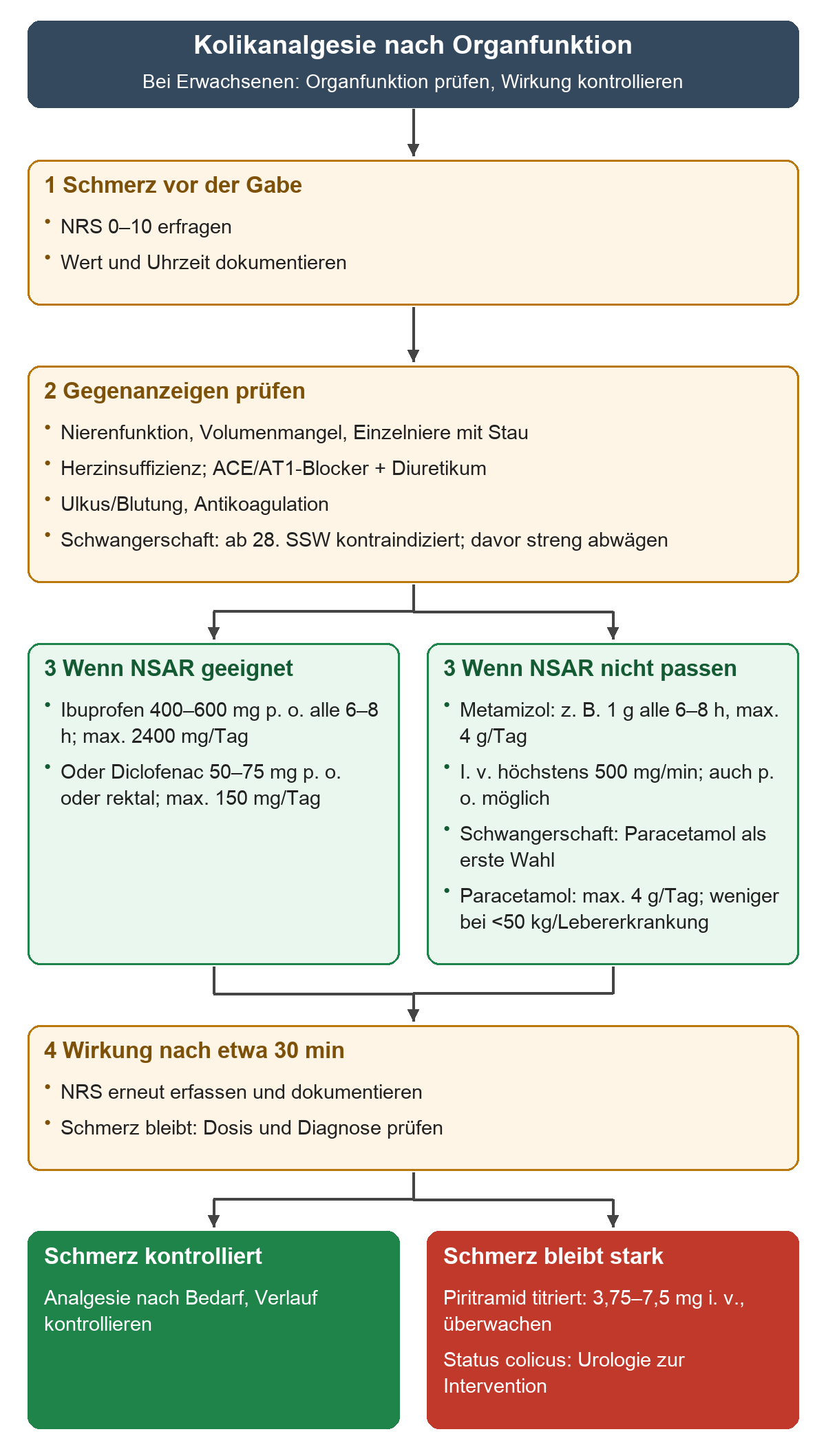 Zuerst NRS dokumentieren und Organfunktion sowie Medikamente prüfen; dann ohne Kontraindikation NSAR, sonst passende Alternative geben; nach etwa 30 Minuten den Erfolg prüfen und bei anhaltendem Schmerz überwacht eskalieren.