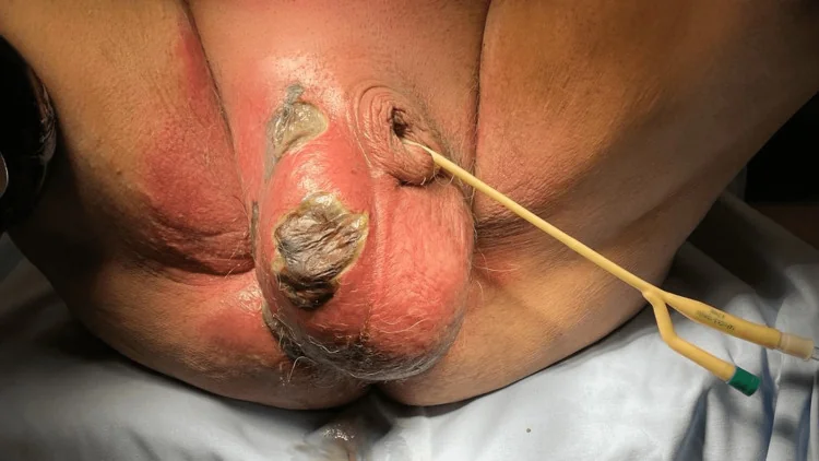 Klinisches Foto des Damms und Skrotums eines liegenden Patienten mit Blasenkatheter: großflächige Rötung und Schwellung, zwei dunkle Hautnekrosen am Skrotum