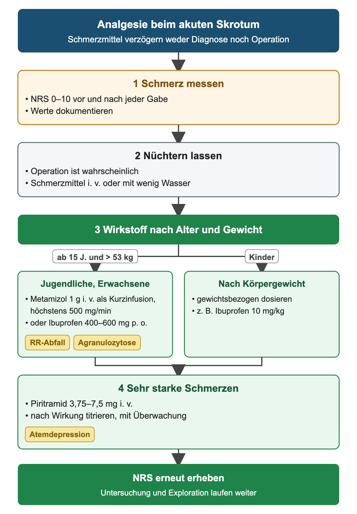 Analgesie in vier Schritten: Schmerz mit NRS 0–10 messen, nüchtern lassen, Wirkstoff nach Alter und Gewicht – ab 15 Jahren und über 53 kg Metamizol 1 g i. v. mit höchstens 500 mg/min oder Ibuprofen 400–600 mg, Kinder gewichtsbezogen z. B. Ibuprofen 10 mg/kg –, bei sehr starken Schmerzen Piritramid 3,75–7,5 mg i. v. titriert; zum Schluss NRS erneut erheben