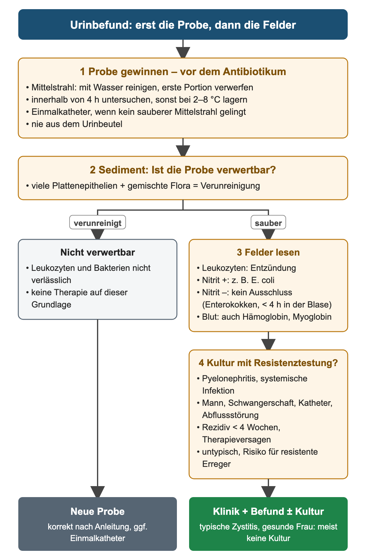 Probe vor dem Antibiotikum gewinnen und innerhalb von 4 Stunden untersuchen, dann im Sediment prüfen: verunreinigt führt zur neuen Probe, sauber zum Lesen von Leukozyten, Nitrit und Blut und zur Frage nach einer Kultur mit Resistenztestung