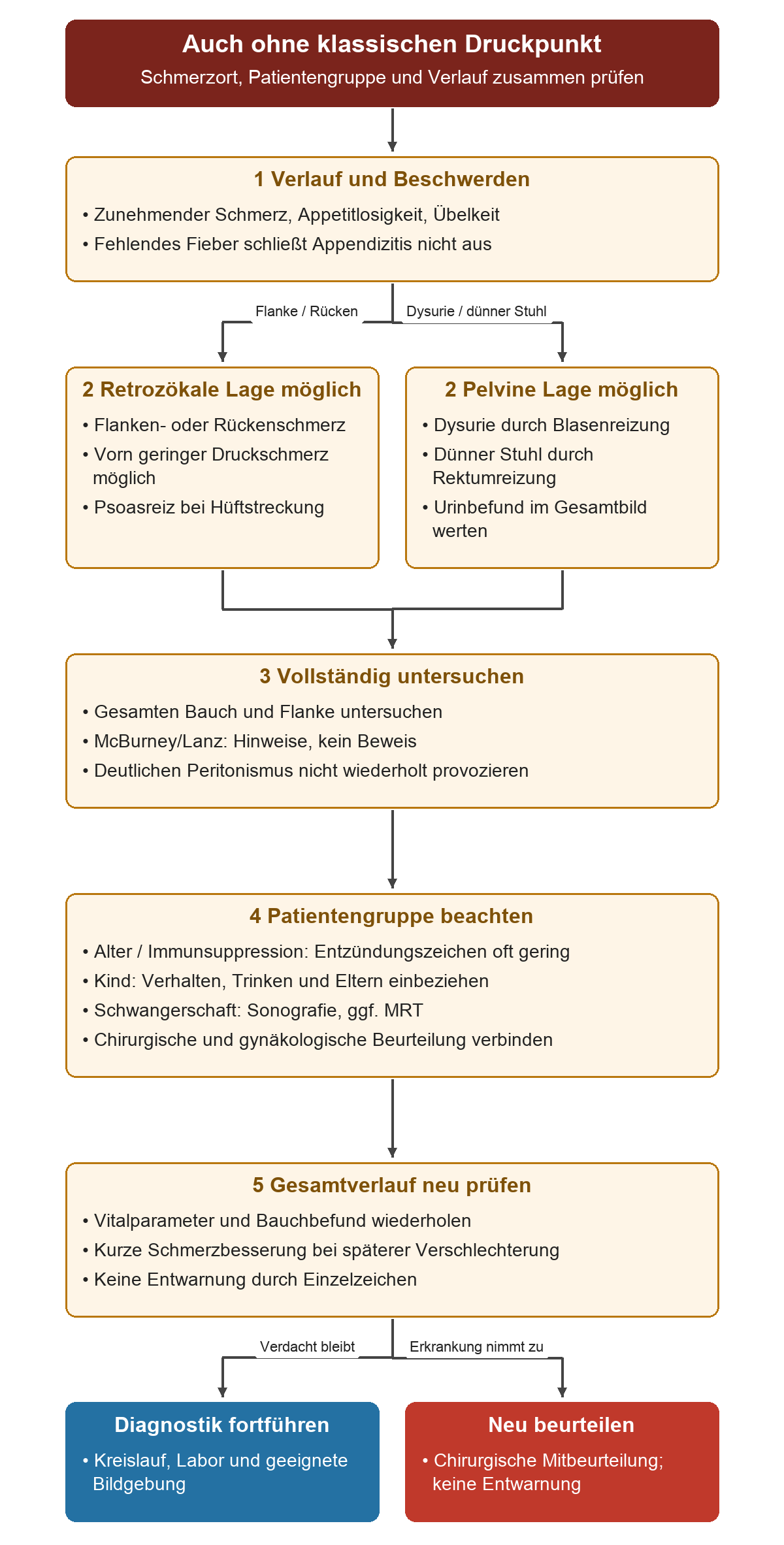 Nach Verlauf und Beschwerden führen Flanken- oder Rückenschmerz zur retrozökalen, Dysurie oder dünner Stuhl zur pelvinen Möglichkeit. Vollständige Untersuchung, Patientengruppe und erneute Verlaufsbeurteilung bestimmen den weiteren diagnostischen Weg.