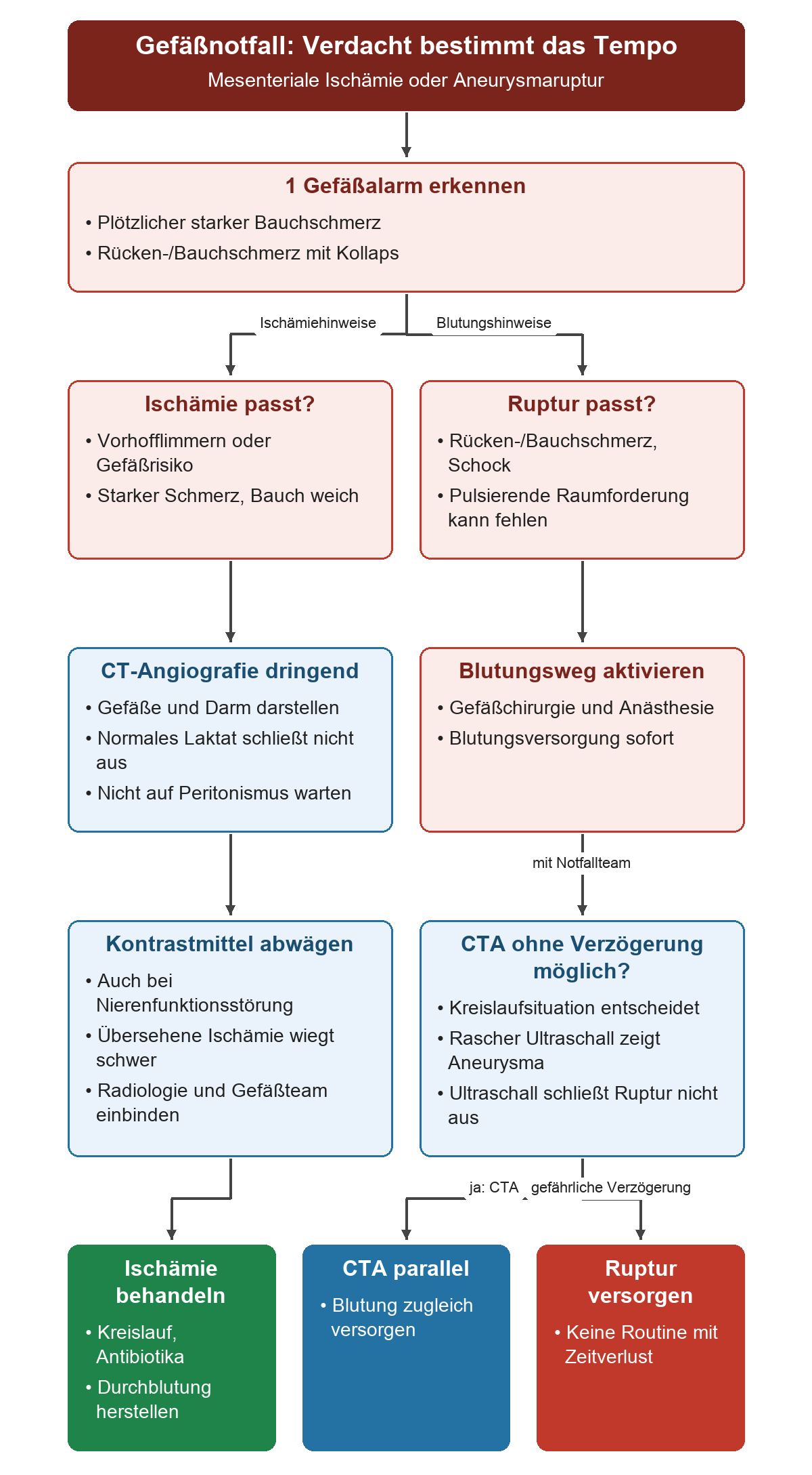 Der Gefäßverdacht teilt sich in Ischämie und mögliche Aneurysmaruptur. Bei Ischämie ist CTA dringend trotz unauffälligem Laktat. Bei Ruptur werden Blutungsversorgung und Teams sofort aktiviert; der Kreislauf bestimmt, ob CTA ohne gefährliche Verzögerung möglich ist.